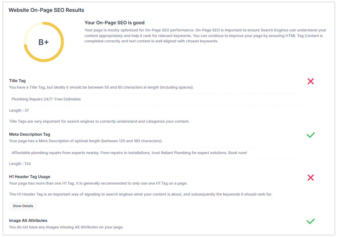 On Page SEO resultaten lokale SEO tool